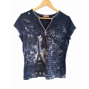 Blue Canyon Henley T-Shirt Womens XL Blue Paris Eiffel Tower Graphic Y2K